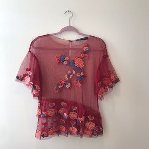 ZARA floral mesh blouse